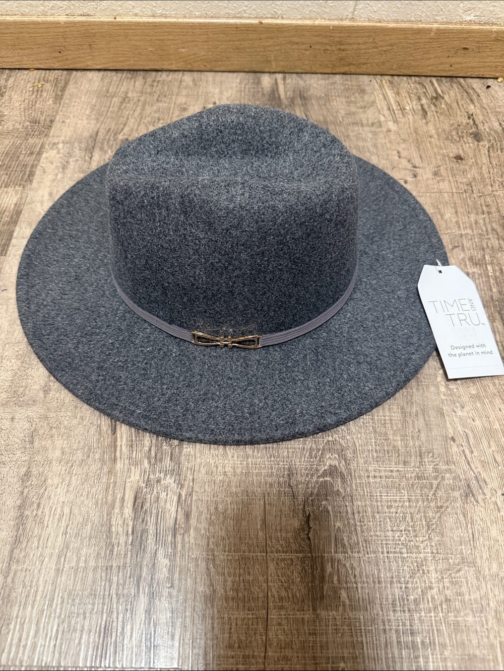Time and Tru Charcoal Felt Wide-Brim Fedora with Bow Accent